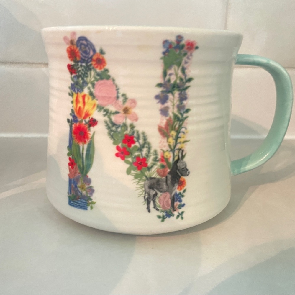 ANTHROPOLOGIE Floral Initial Mug N with aqua handle. Nathalie Lété